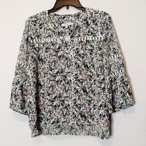 WOMEN'S "Fever" Blue/Pink Floral Tunic; Ruffle Sleeves; Lace; Size XL